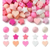 Stiesy 100 Pcs Silicone Beads Bulk Pink White Color Round Beads 12mm Geometric Star Heart Shape Spacer Beads Silicone Focal Beads for Keychain Jewellry Making DIY Craft