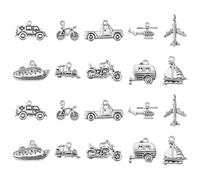 Stiesy 100Pcs 10 Style Tibetan Vehicle Charms Antique Silver Motorcycle Car Ship Bicycle Airplane Charm Bulk Vintage Plane Helicopter Shape Dangle for Bracelet Jewellery Making DIY Craft Necklace