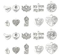 Stiesy 100Pcs 10 Styles Antique Silver Mother's Day Theme Charms Tibetan Style Heart Mom Word Pendant Charm Vintage Maternal Love Charms for Jewellry Making DIY Bracelet Gifts