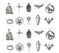 Stiesy 100Pcs 10 Styles Vintage Vampire Charms Tibetan Silver Halloween Charm Antique Skull Cross Spider Coffin Dangle Charms for DIY Crafts Jewellry Making