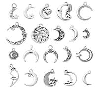 Stiesy 100Pcs 20 Styles Tibetan Silver Antique Crescent Moon With Star Charms - Vintage Hollow Dangle for Jewellery Making DIY Crafts