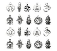 Stiesy 100Pcs Antique Silver Hindu Religion Charms Vintage Hamsa Hand Lotus Charm Bulk Buddha Head OM Yoga Chakra Tibetan Pendants for Jewellery Making DIY Craft Necklace Bracelet (10 Styles)