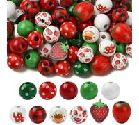 Stiesy 100Pcs Dyed Natural Wooden Strawberry Theme Beads Wood Red Fruit Large Hole Macrame Beads for Bracelets Necklace Keychains DIY Jewelry Making Crafts