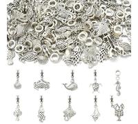 Stiesy 100Pcs Ocean European Dangle Charms Bulk Antique Silver Fish Shell Crab Bracelet Charms Sea Animal Large Hole Tibetan Pendants for Jewellery Crafting Necklace Making DIY