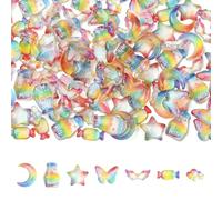Stiesy 105Pcs Rainbow Color Resin Slime Charms, 7 Styles Star Moon Candy Wing Bottle Butterfly Cloud Flat Back Beads Cabochons for Nail Art Decoration, DIY Craft Projects, Scrapbooking Embellishments