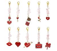 Stiesy 10Pcs Valentine's Day Theme Natural Rose Quartz Chip Beads Pendant Charm with Red Enamel Heart Lip Charms Pink Crystal Gemstone Hanging Ornaments Decoration for Jewellery Crafts Making Present