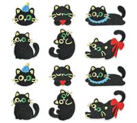 Stiesy 12 Pcs 6 Styles Black Cat Iron On Patches Cute Animals Shape Sew On Polyester Appliques for Jacket Backpack Hat Pet Kitten Theme Sew On Embroidered Patches DIY Craft