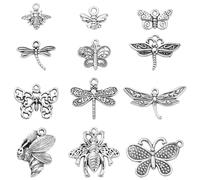 Stiesy 120Pcs 12 Styles Vintage Style Insect Charms Antique Silver Butterfly Dragonfly Bee Charms Tibetan Animal Dangle Charms for DIY Crafts Jewelry Making