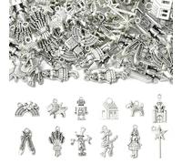 Stiesy 120Pcs Antique Silver Princess Charms Cute Ballet Dance Shoes Magic Castle Fairy Wand Charm Bulk Vintage Witch Scarecrow Robot Tibetan Pendants for Bracelet Jewellery Making DIY Crafts Necklace
