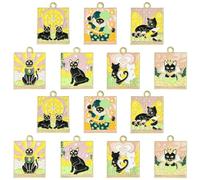 Stiesy 14Pcs 7 Style Black Cat Tarot Charms Enamel Tarot Card Magic Kitten Charm Luck Amulet Rectangle Dangle Charms Pendants for DIY Jewellry Making Crafts