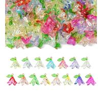 Stiesy 150Pcs 15 Colors Acrylic Trumpet Flower Charms with Green Leaf Lily of the Valley Acrylic Charm Gradient Color Floral Plant Jewelry Pendant Dangle Bulk for Bracelet Jewellery Making DIY Crafts