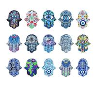 Stiesy 15Pcs 15 Styles Hamsa Hand Charms Acrylic Evil Eye Blue Hand Dangle Charm Flower Printed Hand Charms Pendants for DIY Jewellry Making Crafts