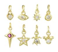 Stiesy 16 Pcs Brass Micro Pave Cubic Zirconia Assorted Tiny Charms 18K Gold Plated Mini Sizes Charms Star Sun Heart Eye Tortoise Shape Jewelry Pendants for DIY Necklace Keychain Decor