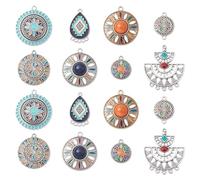 Stiesy 16Pcs 8 Styles Tibetan Style Flower Enamel Charms Antique Silver Flat Round Large Charms Vintage Chandelier Components Links for DIY Crafts Jewelry Making