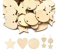 Stiesy 180 Pcs Unfinished Wood Cutouts Pendant with 2 Holes Wooden Links Connector Charms with 200 Pcs Brass Jump Rings Flat Round Heart Star Shape Blank Wood Charms for DIY Craft Jewellry Making