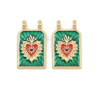 Stiesy 18K Gold Plated Sacred Heart Charms 5Pcs Brass Enamel Rectangle Shape Dangle Charms Green for Vintage Style Necklace Jewelry Making