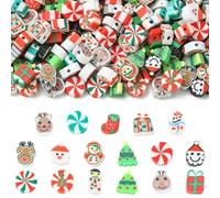 Stiesy 200Pcs Christmas Polymer Clay Beads Mixed Snowman Dearr Gift Bag Stocking Tree Shapes Spacer Loose Beads Bulk for Holiday Crafts Tree Ornaments Gift Tags