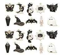 Stiesy 20Pcs 10 Styles Halloween Charms Pendants Enamel Black Cat White Owl Charms Skull Bat Skeleton Dangle Charms for DIY Crafts Jewelry Making Decor