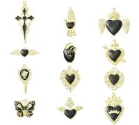 Stiesy 24Pcs 12 Styles Black Gothic Enamel Sacred Heart Charms Brass Goth Cross Heart with Sword Wing Skull Butterfly Charm Bulk for Jewellery Necklace Bracelets Earrings Making Crafts DIY