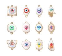 Stiesy 24Pcs 12 Styles Enamel Evil Eye Connector Charms Hamsa Hand Colorful Evil Eye Link Charms White Butterfly Heart Oval Shape Dangle Charms for DIY Crafts Bracelet Jewellry Making