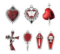 Stiesy 28Pcs 7 Styles Antique Silver Halloween Charms Enamel Baroque Style Charms Gothic Skull Cross Heart Magic Mirror Dangle Charms for DIY Crafts Jewelry Making