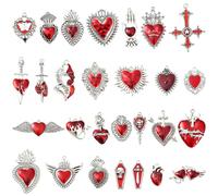 Stiesy 28Pcs Mixed Styles Gothic Heart Charms Red Heart with Sword Crown Enamel Charm Pendant Antique Silver Cross Sacred Heart Metal Charms for Jewellery Making Bracelet Crafting Necklaces Present