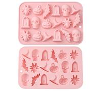 Stiesy 2Pcs 6 Cavity Halloween Theme Silicone Moulds Reusable Skull Bat Spider Shaped Silicone Fondant Cake Mould Pumpkin Witch Hat Molds for DIY Soap Candy Chocolate Pudding Party Decor
