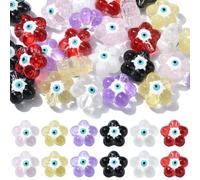 Stiesy 30 Pcs 6 Colors Glass Flower with Evil Eye Beads Transparent Glass Beads Spacer Floral Shape Beads with 1mm Hole DIY Craft Beads for Bracelets Necklaces Phone Chains DIY Crafts