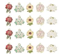 Stiesy 30Pcs 5 Styles Enamel Flower Charms Pendants Rose Sunflower Lily Hydrangea Charms Plant Dangle Charms for Jewellery Making Bracelet Crafts Gifts