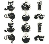 Stiesy 30Pcs 6 Style Black Cat Charms Enamel Kitten with Cup Charm Pendants Kawaii Cat with Fish Tank Dangle Charms for DIY Jewellry Making Crafts