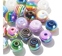 Stiesy 30Pcs Random Color Round Beads 16mm Rainbow Stripe Ball Beads Acrylic European Large Hole Spacer Beads for DIY Craft Bracelet Jewelry Making