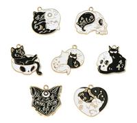 Stiesy 35Pcs 7 Styles Gothic Cat Charm Alloy Enamel Black Cat with Skull Pendant Charm Skeleton Halloween Jewellry Charms Bulk for Jewellry Making Bracelets Necklace Keychain Earring