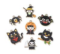 Stiesy 35Pcs 7 Styles Halloween Theme Enamel Charms Pendants Devil Cat Witch Owl Ghost Bat Dangle Charms for Crafts Gift Jewelry Making