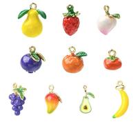 Stiesy 3D Fruit Enamel Charms 10Pcs, 10 Styles Golden Alloy Avocado Banana Peach Pear Blueberry Strawberry Mango Grape Tomato Orange Shape Charms for DIY Fruit Themed Jewelry and Summer Craft Projects