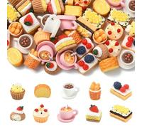 Stiesy 40Pcs Resin Food Shape Figurines Cake Bread Coofee Miniature Aternoon Tea Theme Display Decorations for Home Kitchen Café Micro Landscape Pretending Prop Accessories