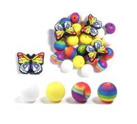 Stiesy 50 Pcs Rainbow Color Butterfly Silicone Beads with 2mm Hole Colorful Spring Theme 15mm Round Silicone Focal Beads Bulk for Women Necklace Bracelet DIY Craft Projects