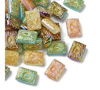 Stiesy 50 Pcs Rectangle Acrylic Beads with Golden Metal Enlaced Carved Sun Pattern Spacer Loose Beads Geometric Shapes Beads Bulk for DIY Craft Bracelet Jewellry Making
