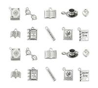 Stiesy 50Pcs 10 Style Vintage Book Charms Antique Silver Coffee Cup Study Books Tibetan Charm Bulk for Jewellery Bracelet Making DIY Craft Necklace