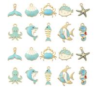 Stiesy 50Pcs 10 Styles Enamel Ocean Animal Charms Blue Sea Animal Pendant Charm Starfish Crab Shell Dangle Charms for Jewellery Making DIY Crafts Bracelet