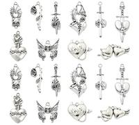 Stiesy 50Pcs 10 Styles Gothic Charms Tibetan Silver Skull Butterfly Heart Sword Pendant Charm Vintage Wing Rose Charms for Jewellery Making DIY Crafts