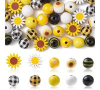 Stiesy 50Pcs 10 Styles Sunflower Beads Wooden Round Beads 16mm Check Stripe Beads Wood Yellow Black White Spacer Beads Set for DIY Crafts Jewelry Making