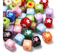 Stiesy 50Pcs Baking Painted Acrylic Cube Beads with Star Pattern, Mixed Color Enamel DIY Craft Beads 2.5mm Hole for DIY Jewelry Making, Cell Phone Chain Accessories， Keychain Supplies