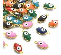 Stiesy 50Pcs Random Colour Enamel Hamsa Hand Charms Hand of Miriam with Evil Eye Pendant Charm Small Hand Dangle Charms for DIY Crafts Bracelet Jewellery Making