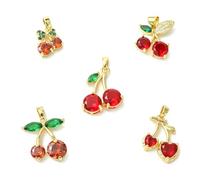 Stiesy 5Pcs Brass Cherry Charms Red Cherry Cubic Zirconia Gold Plated Fruit CZ Pendants Bulk for Jewellery Bracelets Necklaces Earrings Making Crafts DIY