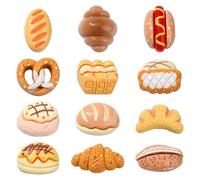 Stiesy 60 Pcs 12 Styles Bread Slime Charm Beads Imitation Food Mini Opaque Resin Cabochons Cute Croissant Pretzel Sausage Bun Toast Omelette Flat Back Beads for Women Nail Art Decoration