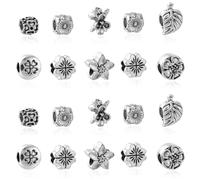 Stiesy 60Pcs 10 Styles Antique Silver European Large Hole Beads Tibetan Vintage Clover Leaf Flower Spacer Craft Beads for Jewelry Making DIY Gift