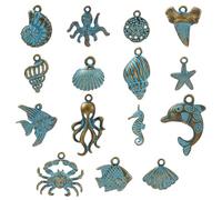 Stiesy 60Pcs 15 Style Vintage Ocean Animal Charms Bronze Green Patina Pendant Charm Antique Sea Starfish Shell Crab Charms for Jewellery Making Bracelet Crafting