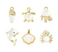 Stiesy 6Pcs Ocean Animal Shell Charms Natural Paua Shell Peal Pendant White Sea Turtle Crab Dolphin Jellyfish Charm for Jewellery Making DIY Hawaii Crafting Bracelet
