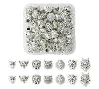 Stiesy 70Pcs 7 Styles Animal Theme Vintage Beads Tibetan Style Owl Leopard Spacer Beads Antique Silver Fox Lion Wolf Animal Head Metal Beads Bulk for Jewellery Making Crafting Bracelet DIY