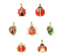 Stiesy 7Pcs Enamel Ladybug Charms Ladybird with Leaf Cute Animal Charm Bulk Brass Red Insect Pendants for for Jewellery Bracelet Making DIY Crafting